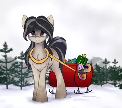 Size: 2010x1786 | Tagged: safe, artist:colourwave, ponybooru import, oc, oc:cold shoulder, unofficial characters only, pony, taiga pony, chest fluff, coat markings, female, fluffy, happy new year, holiday, image, looking at you, mare, outdoors, png, present, sleigh, smiling, smiling at you, snow, solo