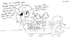 Size: 3662x1930 | Tagged: suggestive, artist:tjpones, derpibooru import, apple bloom, pinkie pie, scootaloo, sweetie belle, earth pony, pegasus, pony, unicorn, the cutie mark chronicles, black and white, cutie mark crusaders, dialogue, drawing (shitty) porn of every episode, female, filly, foal, grayscale, helmet, image, implied incest, implied lesbian, implied piecest, lineart, mare, monochrome, png, scooter, thousand yard stare, traumatized