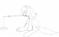 Size: 1296x822 | Tagged: safe, artist:anonymous, oc, oc:frosty flakes, unofficial characters only, pony, taiga pony, female, fishing, fishing rod, frog (hoof), ice, ice fishing, image, jpeg, mare, monochrome, mouth hold, sitting, solo, underhoof