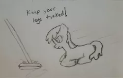 Size: 2457x1573 | Tagged: safe, artist:anonymous, oc, unofficial characters only, pony, taiga pony, curling, dialogue, female, filly, foal, image, jpeg, motion lines, offscreen character, solo, sports, traditional art