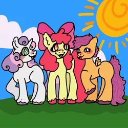 Size: 2048x2048 | Tagged: safe, artist:becauseimcosmic, derpibooru import, apple bloom, scootaloo, sweetie belle, earth pony, pegasus, pony, unicorn, cutie mark crusaders, februpony, female, filly, foal, image, jpeg