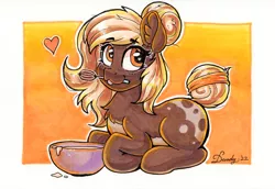 Size: 2352x1622 | Tagged: safe, artist:dandy, derpibooru import, oc, oc:sweet marble, unofficial characters only, earth pony, pony, :3, ;p, batter, bowl, chest fluff, ear fluff, earth pony oc, female, food, hair bun, heart, image, looking at you, marker drawing, markings, one eye closed, png, smiling, solo, tail, tail bun, tongue out, traditional art, whisk