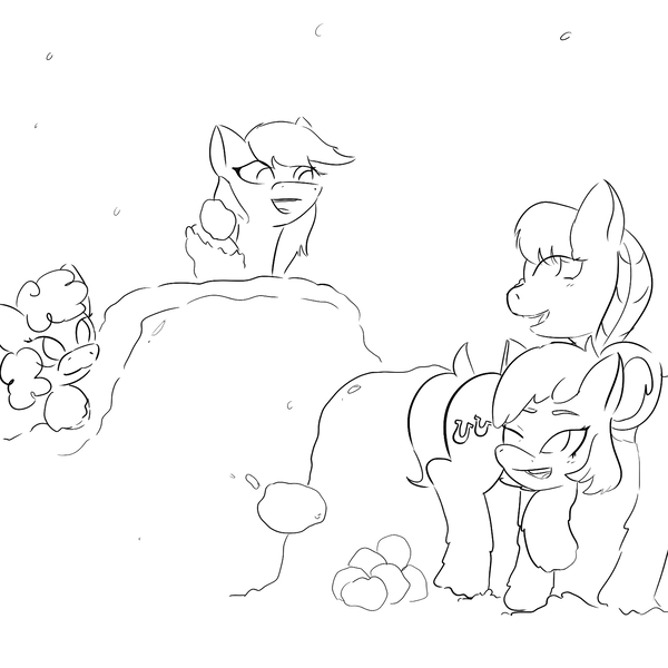 Size: 1500x1500 | Tagged: safe, artist:anonymous, oc, unofficial characters only, pony, taiga pony, female, filly, image, mare, monochrome, open mouth, png, snow, snow fort, snowball, snowball fight, snowfall