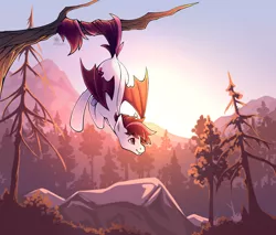 Size: 1280x1092 | Tagged: safe, artist:lilitepsilon, derpibooru import, oc, oc:mythic horizon, unofficial characters only, bat pony, pony, bat pony oc, bat wings, behaving like a bat, commission, fangs, forest, hanging, hanging upside down, image, jpeg, male, mountain, prehensile tail, solo, stallion, sunset, tail, tree, tree branch, underhoof, upside down, wings, ych result