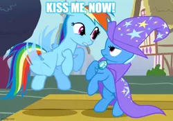 Size: 714x500 | Tagged: safe, derpibooru import, edit, edited screencap, screencap, rainbow dash, trixie, pegasus, pony, unicorn, boast busters, season 1, cape, clothes, duo, duo female, female, flapping wings, flying, frown, hat, image, jpeg, lesbian, looking at each other, looking at someone, mare, shipping, teeth, text, trixdash, trixie's cape, trixie's hat, wings