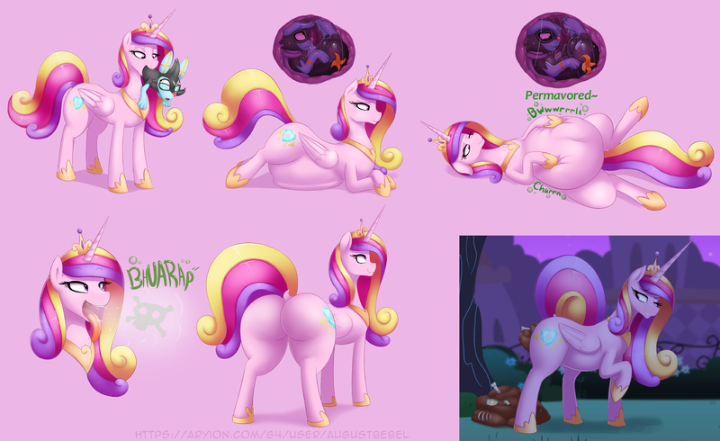 Size: 3000x1837 | Tagged: questionable, semi-grimdark, artist:augustbebel, derpibooru import, princess cadance, pony, burp, cadancepred, cadencepred, death, digestion, disposal, fetish, image, png, pokémon, poop, post-vore, same size vore, scat, vore, weight gain