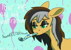 Size: 2390x1705 | Tagged: safe, derpibooru import, oc, oc:steaming stove, unofficial characters only, pony, back pain, balloon, birthday, depressed, image, mascara, mature, old, party horn, png, solo