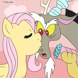 Size: 2000x2000 | Tagged: safe, artist:wrath-marionphauna, derpibooru import, discord, fluttershy, draconequus, pegasus, pony, bouquet of flowers, couple, derpibooru exclusive, discoshy, female, image, kissing, male, nose kiss, png, shipping, straight