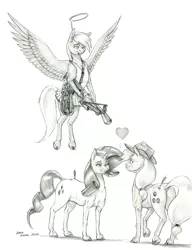 Size: 1100x1429 | Tagged: safe, artist:baron engel, derpibooru import, applejack, derpy hooves, rarity, earth pony, pegasus, pony, unicorn, butt, crossbow, female, image, jpeg, lesbian, mare, pencil drawing, plot, rarijack, shipping, traditional art, weapon