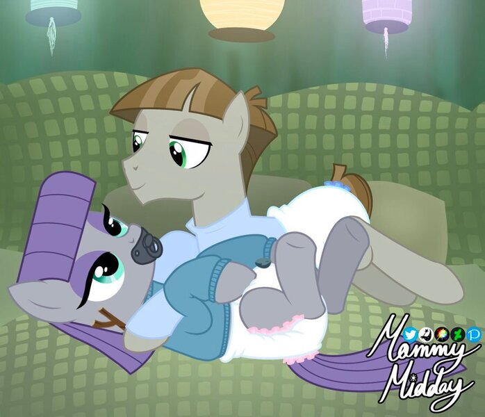 Size: 900x774 | Tagged: questionable, artist:mommymidday, derpibooru import, boulder (pet), maud pie, mudbriar, earth pony, pony, abdl, adult foal, bedroom, clothes, cuddling, cuddling in bed, diaper, diaper fetish, duo, eyeliner, eyeshadow, female, fetish, image, jpeg, lantern, lying down, makeup, male, maud's cave, maudbriar, on back, pacifier, photo, pillow, poofy diaper, relaxed, relaxing, shipping, shirt, signature, straight