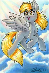 Size: 1799x2681 | Tagged: safe, artist:dandy, derpibooru import, derpy hooves, pegasus, pony, :3, chest fluff, cloud, cloudy, cute, derpabetes, flying, happy, image, open mouth, png, smiling, solo, spread wings, traditional art, wings