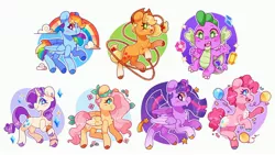 Size: 4096x2303 | Tagged: safe, artist:cocopudu, derpibooru import, applejack, fluttershy, pinkie pie, rainbow dash, rarity, spike, twilight sparkle, twilight sparkle (alicorn), alicorn, dragon, earth pony, pegasus, pony, unicorn, balloon, chest fluff, cloven hooves, female, gem, glasses, image, jpeg, lasso, male, mane seven, mane six, mare, multicolored hooves, rainbow, rope, simple background, white background, winged spike, wings