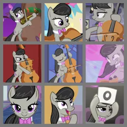 Size: 800x800 | Tagged: safe, artist:twilyisbestpone, derpibooru import, octavia melody, earth pony, pony, a hearth's warming tail, a horse shoe-in, bloom and gloom, season 1, season 5, season 6, season 9, slice of life (episode), the best night ever, spoiler:s09, 0, bedroom eyes, bipedal, bowtie, cello, collage, female, image, mare, musical instrument, png, score card, solo