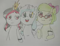 Size: 3594x2757 | Tagged: safe, artist:wrath-marionphauna, derpibooru import, oc, oc:aguamelon, oc:luz, oc:rol fanatic, unofficial characters only, pony, unicorn, bow, crown, glasses, hair bow, image, jewelry, jpeg, notebook, pigtails, ponylatino, regalia, smiling, traditional art, twintails