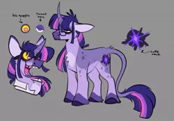 Size: 1145x799 | Tagged: safe, artist:rockin_candies, derpibooru import, twilight sparkle, unicorn, alternate cutie mark, alternate design, clothes, curved horn, female, glasses, goggles, gray background, grin, horn, image, jpeg, lab coat, leonine tail, open mouth, reference sheet, sharp teeth, simple background, smiling, solo, tail, teeth, twitterina design