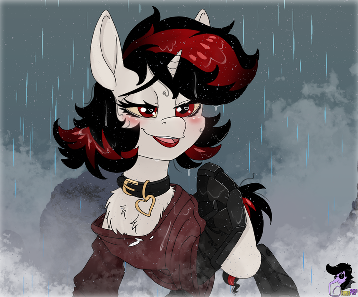 Size: 1446x1200 | Tagged: safe, artist:brainiac, derpibooru import, oc, oc:blackjack, unofficial characters only, pony, unicorn, fallout equestria, fallout equestria: project horizons, clothes, collar, fanfic art, female, fluffy, grunge, image, lipstick, mare, oversized clothes, oversized shirt, png, rain, shirt, solo, wet, wet mane