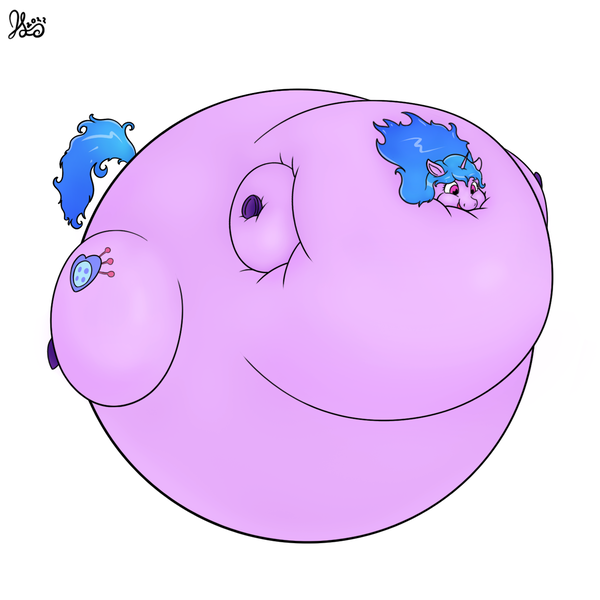 Size: 1400x1400 | Tagged: questionable, artist:aquajack, derpibooru import, izzy moonbow, unicorn, belly, big belly, bingo wings, female, floating, g5, huge belly, image, impossibly large belly, inflation, png, puffy cheeks, signature, simple background, solo, solo female, squishy, underhoof, white background