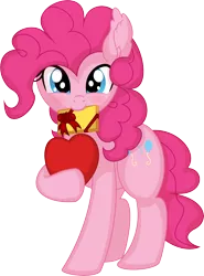 Size: 5560x7508 | Tagged: safe, artist:cyanlightning, derpibooru import, pinkie pie, earth pony, pony, .svg available, absurd resolution, chocolate, female, food, heart, heart pillow, image, looking at you, mare, mouth hold, pillow, png, simple background, smiling, solo, transparent background, vector