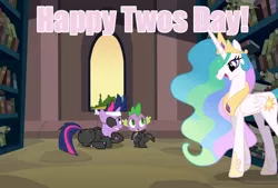 Size: 1600x1080 | Tagged: safe, derpibooru import, edit, edited screencap, screencap, princess celestia, spike, twilight sparkle, alicorn, dragon, pony, unicorn, it's about time, catsuit, cropped, eyepatch, female, headband, image, library, male, mare, png, trio, twosday, unicorn twilight