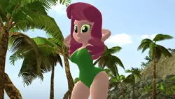 Size: 1920x1080 | Tagged: safe, artist:mr.uberrebu25, derpibooru import, cheerilee, equestria girls, 3d, arm behind head, beach, beach babe, breasts, busty cheerilee, clothes, green swimsuit, image, looking at you, one-piece swimsuit, palm tree, png, solo, swimsuit, tree