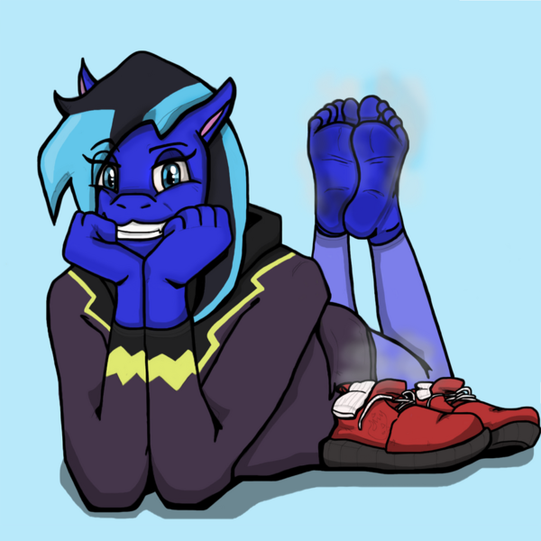 Size: 894x894 | Tagged: questionable, artist:pizzabrony, artist:red2870, derpibooru import, oc, oc:golden heart blue, anthro, pegasus, cloudsdale, emo, feet, fetish, foot fetish, foot focus, image, png, shoes removed, showing off, smelly, smelly feet, smiling, soles, teasing