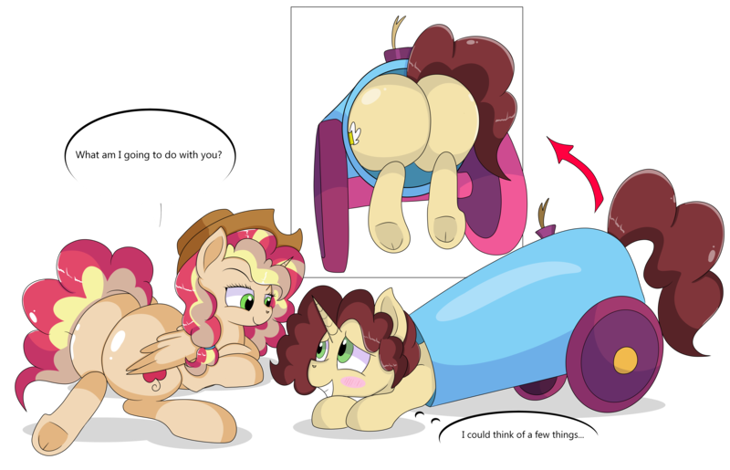 Size: 8700x5600 | Tagged: safe, artist:rainbowtashie, author:bigonionbean, derpibooru import, applejack, cheese sandwich, donut joe, fancypants, pinkie pie, rainbow dash, soarin', sunset shimmer, oc, oc:king calm merriment, oc:queen motherly morning, unofficial characters only, alicorn, pony, alicorn oc, alicorn princess, blushing, butt, commissioner:bigonionbean, cowboy hat, cute, cutie mark, dialogue, female, flank, fusion, fusion:king calm merriment, fusion:queen motherly morning, hat, high res, horn, huge butt, image, large butt, male, mare, party cannon, plot, png, romantic, royalty, stallion, stetson, thicc ass, wings
