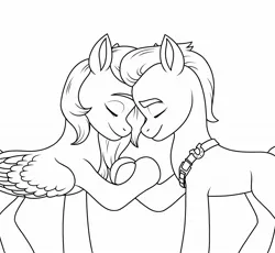 Size: 2049x1888 | Tagged: safe, artist:dancingkinfiend, derpibooru import, sprout cloverleaf, oc, alicorn, earth pony, pony, my little pony: a new generation, belt, black and white, eyes closed, female, g5, grayscale, half body, happy, hug, image, in love, jpeg, lidded eyes, lifted leg, lineart, love, male, mare, monochrome, raised hoof, shipping, simple background, sketch, smiling, stallion, straight, wings
