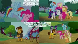 Size: 1280x720 | Tagged: safe, derpibooru import, edit, edited screencap, editor:quoterific, screencap, applejack, cheese sandwich, fluttershy, pinkie pie, rainbow dash, rarity, twilight sparkle, twilight sparkle (alicorn), alicorn, earth pony, pegasus, pony, unicorn, pinkie pride, season 4, applejack's hat, cowboy hat, female, flying, hat, hug, image, male, mane six, mare, open mouth, open smile, party cannon, png, smiling, spread wings, stallion, top hat, wings