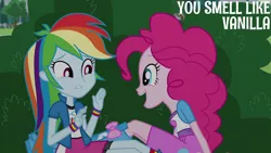 Size: 1280x720 | Tagged: safe, derpibooru import, edit, edited screencap, editor:quoterific, screencap, pinkie pie, rainbow dash, equestria girls, friendship games, pinkie spy (short), boots, clothes, cute, cutie mark, cutie mark on clothes, diapinkes, duo, duo female, female, image, jpeg, open mouth, open smile, shoes, smiling