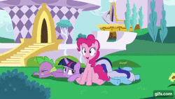 Size: 640x360 | Tagged: safe, derpibooru import, screencap, minuette, pinkie pie, spike, twilight sparkle, twilight sparkle (alicorn), alicorn, dragon, earth pony, pony, unicorn, amending fences, season 5, ^^, animated, eyes closed, female, gif, gifs.com, image, male, mare, open mouth, open smile, pinkiecopter, ponk, smiling, tail, tailcopter
