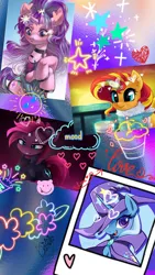 Size: 1044x1856 | Tagged: safe, artist:decokelow, derpibooru import, edit, screencap, fizzlepop berrytwist, starlight glimmer, sunset shimmer, tempest shadow, trixie, pony, unicorn, book:friendship scrapbook, cropped, designs, edit screencap, female, image, jpeg, mare, photo, reformed unicorn group, scrapbook