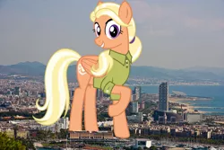 Size: 2200x1467 | Tagged: safe, artist:cheezedoodle96, artist:thegiantponyfan, derpibooru import, edit, mane allgood, pegasus, pony, barcelona, female, giant pegasus, giant pony, giantess, highrise ponies, image, irl, looking at you, macro, mare, mega giant, photo, png, ponies in real life, raised hoof, smiling, spain