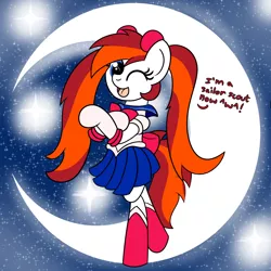 Size: 2000x2000 | Tagged: safe, artist:dafiltafish, derpibooru import, oc, oc:silverfoot, unofficial characters only, pony, bipedal, bow, crossover, image, joke art, moon, pigtails, png, pose, sailor moon, sailor scout, solo, text, twintails