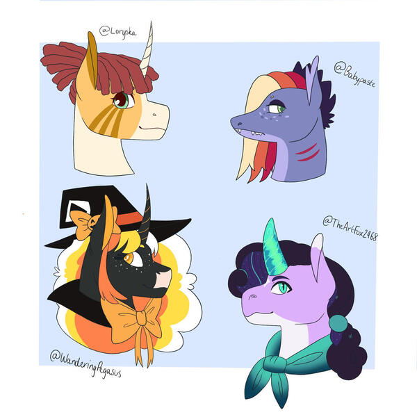 Size: 1280x1280 | Tagged: safe, artist:melonboi13, derpibooru import, oc, oc:clarabelle, oc:ignatius spark, oc:pumpkin brew, oc:scroll flame, unofficial characters only, dracony, hybrid, pony, unicorn, zony, adopted offspring, bust, female, image, interspecies offspring, jpeg, magical lesbian spawn, male, mare, offspring, parent:princess luna, parent:rarity, parent:spike, parent:sweetie belle, parent:twilight sparkle, parents:sparity, parents:twiluna