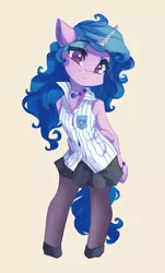 Size: 620x1024 | Tagged: safe, artist:saxopi, derpibooru import, izzy moonbow, semi-anthro, unicorn, beige background, bracelet, clothes, colored pupils, curly hair, curly mane, curly tail, cute, cutie mark, cutie mark on clothes, eyebrows, eyebrows visible through hair, eyelashes, female, g5, hoof shoes, hooves behind back, horn, image, izzy moonbow's cutie mark, jewelry, jpeg, looking at you, necklace, pantyhose, pocket, shirt, simple background, skirt, smiling, smiling at you, solo, tail
