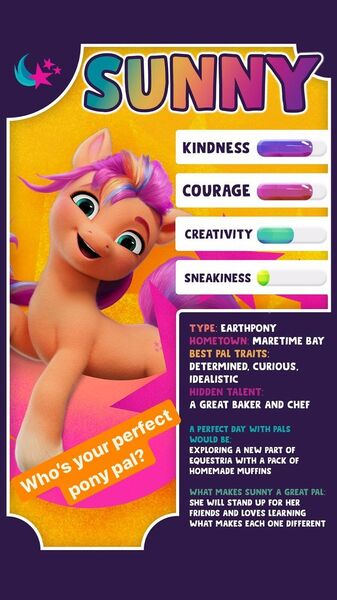 Size: 640x1138 | Tagged: safe, derpibooru import, official, sunny starscout, earth pony, pony, my little pony: a new generation, cutie mark, female, g5, image, instagram, instagram story, jpeg, mare, open mouth, open smile, smiling, solo