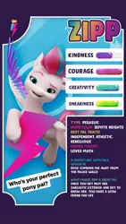 Size: 640x1138 | Tagged: safe, derpibooru import, official, zipp storm, pegasus, pony, my little pony: a new generation, cutie mark, female, g5, image, instagram, instagram story, jpeg, mare, open mouth, open smile, smiling, solo, spread wings, wings