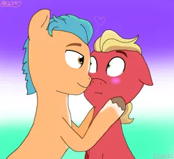 Size: 1280x1165 | Tagged: safe, artist:amykat214, derpibooru import, hitch trailblazer, sprout cloverleaf, earth pony, pony, my little pony: a new generation, about to kiss, blushing, date, duo, duo male, g5, gay, hitchsprout, hooves on cheeks, image, jpeg, looking at each other, looking at someone, male, maledom, malesub, ponydom, ponysub, shipping, signature, simple background, stallion, stallion on stallion, submissive