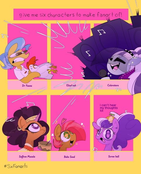 Size: 1200x1488 | Tagged: safe, artist:opossum-stuff, derpibooru import, babs seed, coloratura, doctor fauna, elizabeak, saffron masala, screwball, bird, chicken, earth pony, unicorn, six fanarts, adorababs, bowl, countess coloratura, crazy eyes, cringing, cute, ear piercing, earring, eating, excited, freckles, hat, image, jewelry, jpeg, loud, microphone, piercing, propeller hat, rara, singing, speakers, starry eyes, wingding eyes