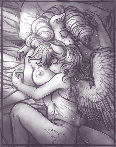 Size: 1600x2026 | Tagged: questionable, artist:bantha, derpibooru import, pinkie pie, rainbow dash, anthro, earth pony, pegasus, bed, breasts, clothes, female, image, lesbian, monochrome, nap, pinkiedash, png, shipping, sleeping, tanktop