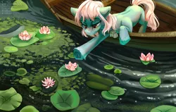 Size: 2840x1801 | Tagged: safe, artist:teaflower300, derpibooru import, oc, unofficial characters only, earth pony, pony, boat, flower, image, lilypad, png, solo, water