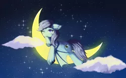Size: 1920x1200 | Tagged: safe, artist:lunar froxy, derpibooru import, oc, unofficial characters only, bat pony, pony, cloud, crescent moon, image, jpeg, looking at you, lying down, moon, one eye closed, smiling, solo, sparkles, tangible heavenly object, wink