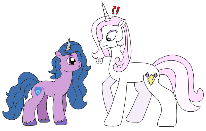 Size: 3119x1978 | Tagged: safe, artist:supahdonarudo, derpibooru import, fleur-de-lis, izzy moonbow, unicorn, curious, exclamation point, g5, image, looking at each other, looking at someone, png, question mark, simple background, surprised, transparent background