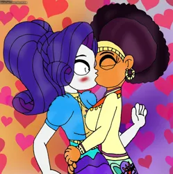 Size: 1280x1283 | Tagged: safe, artist:rdj1995, derpibooru import, rarity, saffron masala, equestria girls, afro, blushing, female, image, jpeg, kissing, lesbian, raffron, shipping