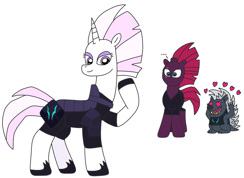 Size: 2805x2041 | Tagged: safe, artist:supahdonarudo, derpibooru import, fleur-de-lis, grubber, tempest shadow, hedgehog, pony, unicorn, my little pony: the movie, ..., alternate hairstyle, armor, clothes swap, female, heart, heart eyes, high res, image, male, mane swap, mare, png, raised hoof, redraw, shocked, simple background, smiling, transparent background, trio, wingding eyes