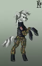 Size: 1740x2700 | Tagged: safe, alternate version, artist:kirov, derpibooru import, oc, unofficial characters only, zebra, angry, armor, bipedal, blue eyes, clothes, eyebrows, female, gradient background, gritted teeth, image, military uniform, png, solo, standing, standing on two hooves, stripes, uniform, wolfenstein