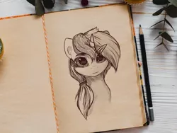 Size: 1600x1200 | Tagged: safe, artist:luneinspace, derpibooru import, minuette, unicorn, barrette, big eyes, bust, image, jpeg, notebook, paper sketch, portrait, realistic, semi-realistic, sketch style, solo