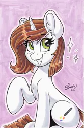 Size: 727x1102 | Tagged: safe, artist:dandy, derpibooru import, oc, oc:brittneigh ackermane, unofficial characters only, pony, unicorn, chest fluff, ear fluff, eye clipping through hair, eyebrows, eyebrows visible through hair, female, grin, hooves, horn, image, looking at you, marker drawing, png, raised hoof, shading, signature, simple background, sitting, smiling, solo, traditional art, unicorn oc