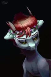Size: 1887x2826 | Tagged: safe, artist:teaflower300, derpibooru import, oc, unofficial characters only, pony, black background, black sclera, floral head wreath, flower, horns, image, pensive, png, simple background, solo, thorns