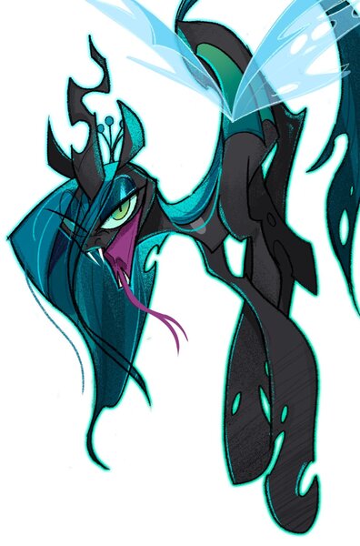 Size: 1352x2048 | Tagged: safe, artist:akada19601764, derpibooru import, queen chrysalis, changeling, changeling queen, big mouth, fangs, female, forked tongue, image, jpeg, lidded eyes, simple background, solo, tongue out, white background